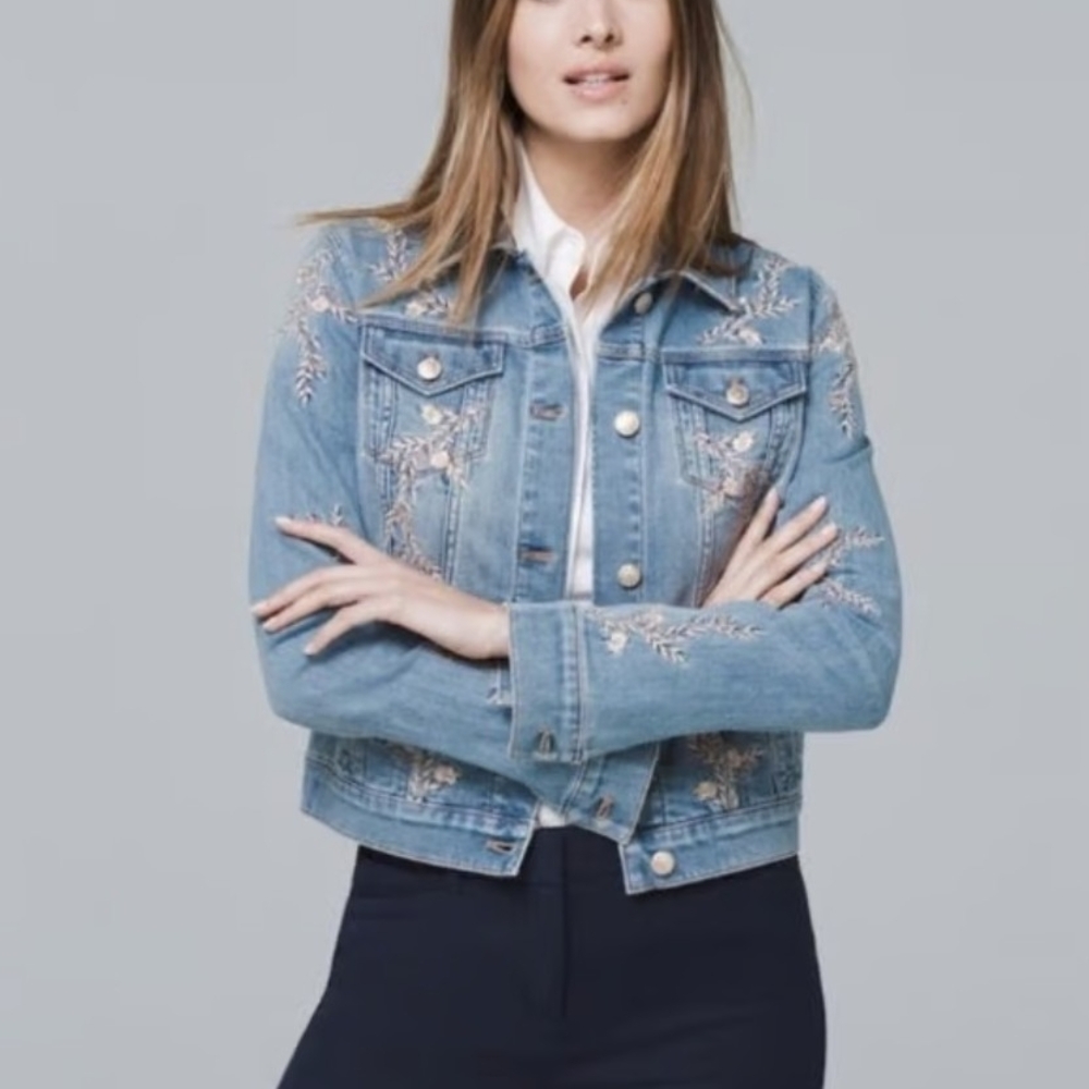 White House Black Market Embroidered Denim Jacket With Floral Pattern